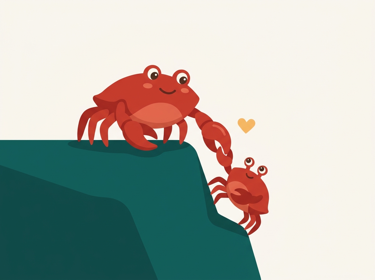 A red crab on a ledge reaching down a claw to help a smaller crab climb up.